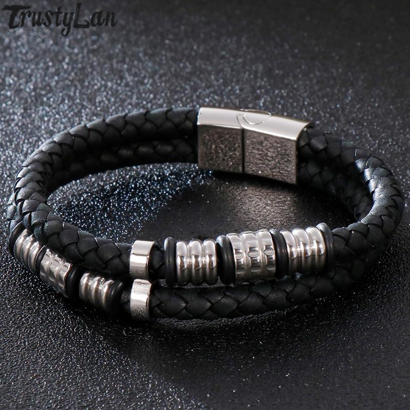 

Rope Chain Bracelet Man Double Layer Braided Leather Stainless Steel Mens Bracelets Hand Jewelry Wristband With Magnet Clasp New