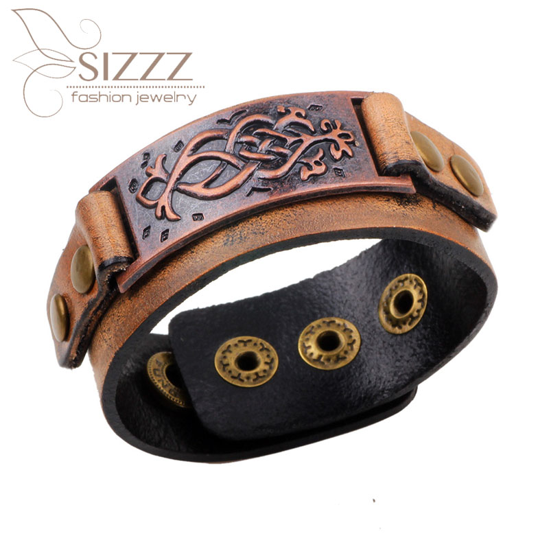 

2020 Europe and the United States new personality retro red ancient bronze accessories leather bracelet&bangles for men, Golden;silver
