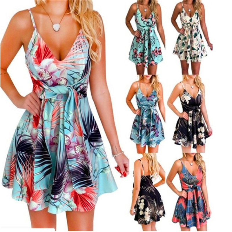 

5XL Casual Summer Beach Dresses Women 2020 Bohemia Floral Print Dress Sexy Strap Deep V Backless Sashes Bandage Dress Tunic Robe, Yd0012 f6