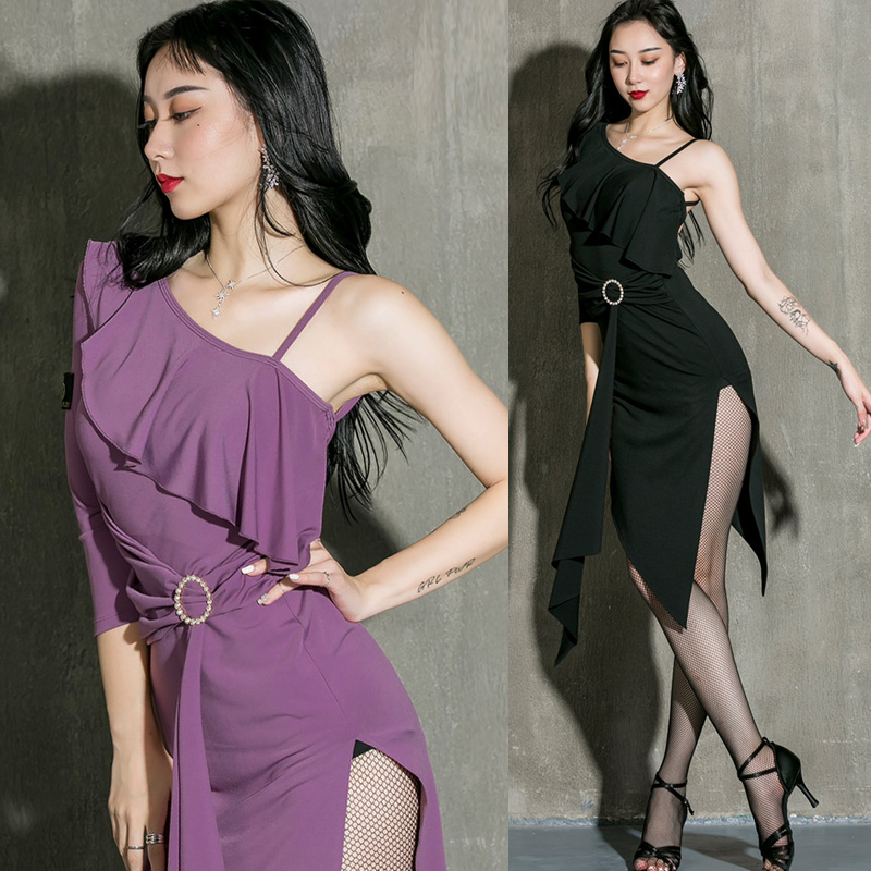 

Fashion Latin Dance Competition Dresses Sexy Sling Single Sleeve Practice Dress Women Stage Performance Dancing Clothes DWY4254, Black