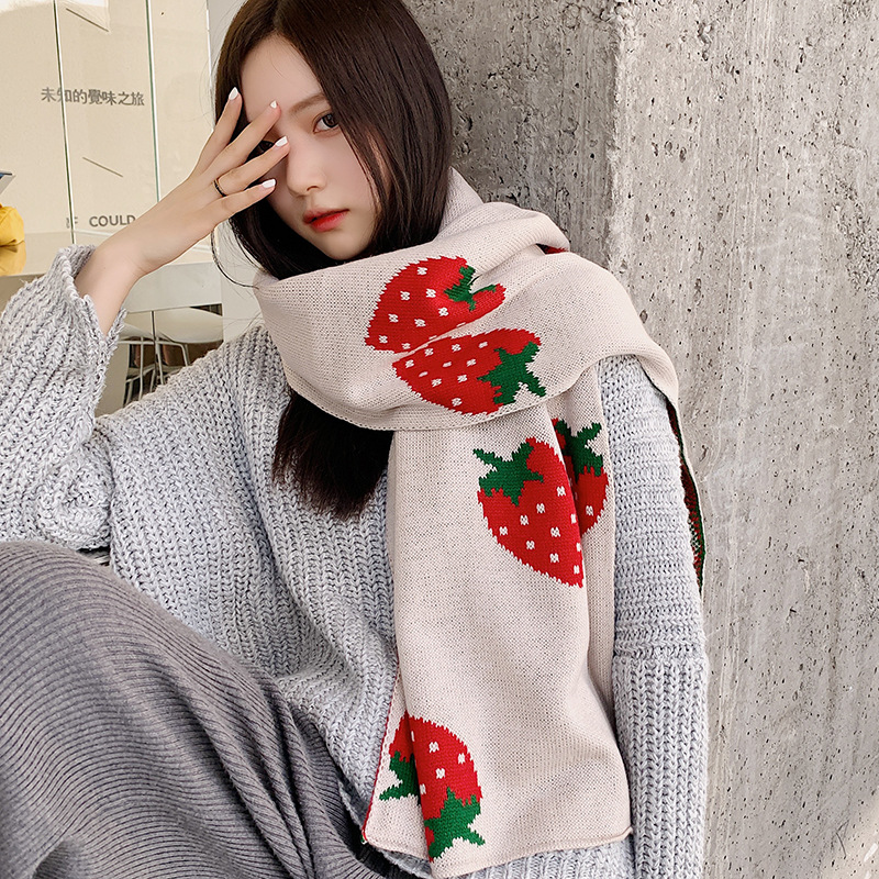 

Strawberry Knitting Scarf Female Winter Wool Student Cute Girl Trendy Versatile New Lovely Warm Comfortable Shawl Towel