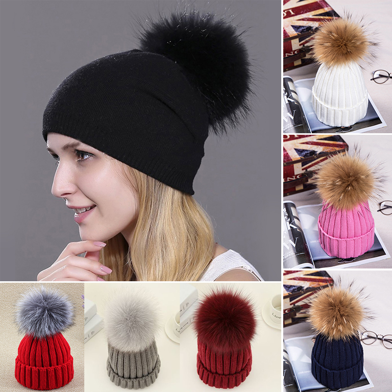 

Soft Winter Women Pom Pom Beanies Warm Knitted Ladies Girls Fur Pompom Hats Fur Pompon Casual Hat Caps Skullies Beanies Bonnet, Color d black