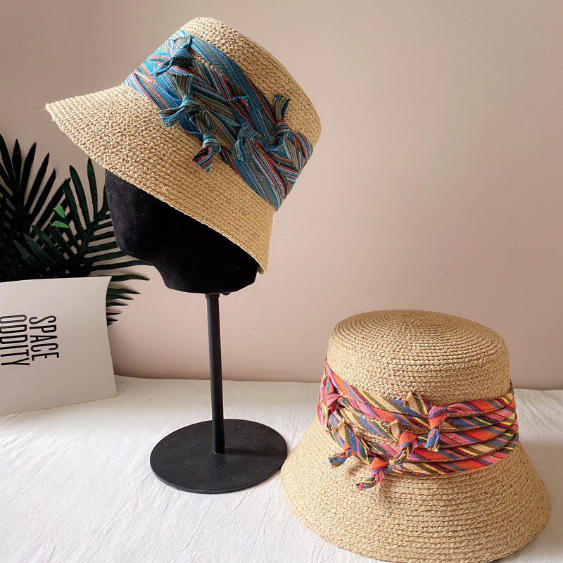 

2020 high end Bohemia style straw hat summer sunblock hat rope knot ribbon basin seaside beach holiday casual bucket hats, Red