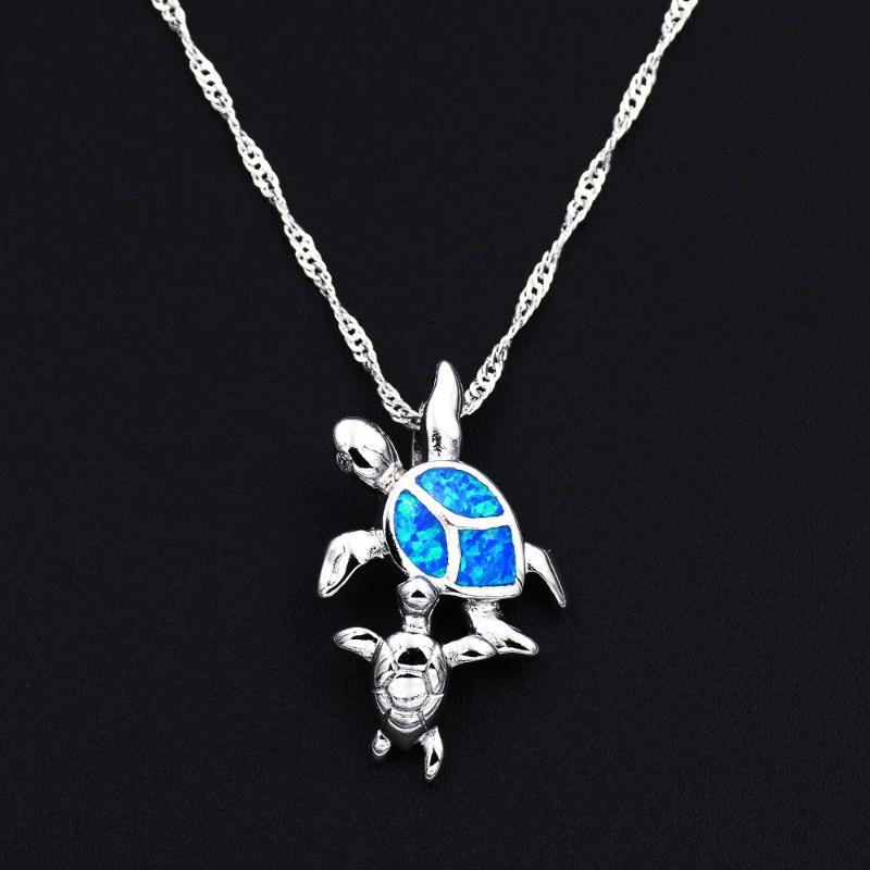 

Ocean Blue Fire Opal Pendant Necklace Sea Turtle Mom and Baby