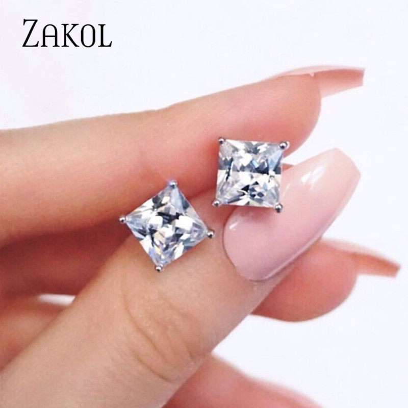 

ZAKOL Korean Fashion Cheap Elegant White Square Crystal Stud Earrings for Women Fashion Wedding Jewelry FSEP2547