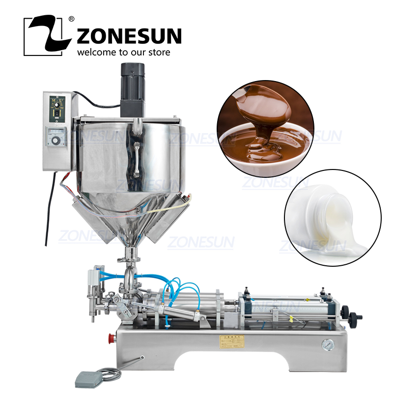 

ZONESUN Mixing with Heater Filler Very Viscous Material Paste Sugar Chocolate Sauce Packaging Equipment Bottle Filling Machine