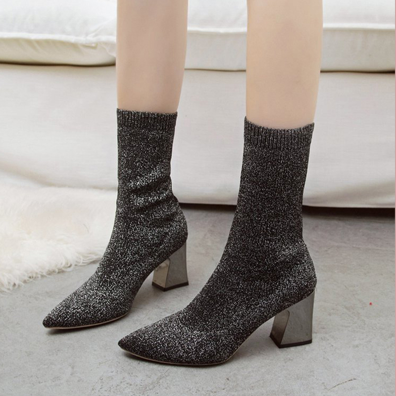 

Women's Ankle Boots Women Sock Boots Ladies Sexy Stretch Knitting Fabric Woman Pointed Toe 2020 New Autumn Winter Female, Beige