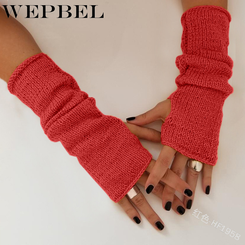 

WEPBEL Autumn Winter Arm Sleeves Wrist Protector Glove Women Fingerless Mittens Stripe Solid Color Warm Knitted Long Glove