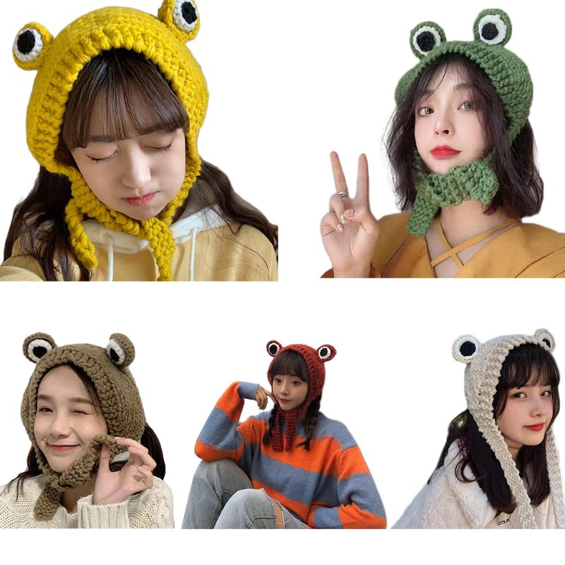 

Women Men Cute Frog Eyes Weave Knitted Skullies Beanie Hat Solid Color Chunky Crochet Harajuku Winter Warm Earflap Cap, Kh