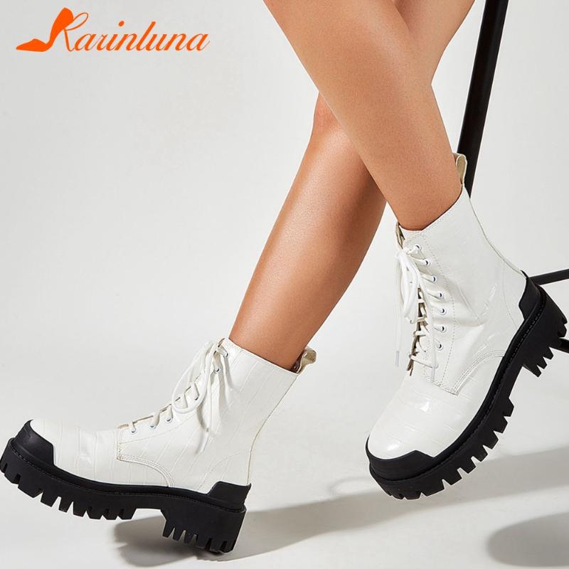 

Hot Sale High Quality Fashion Brand women shoes Mixed Color Cross-tied Flat Platform Suqare Thick Heels Autumn Ankle Boots, Black