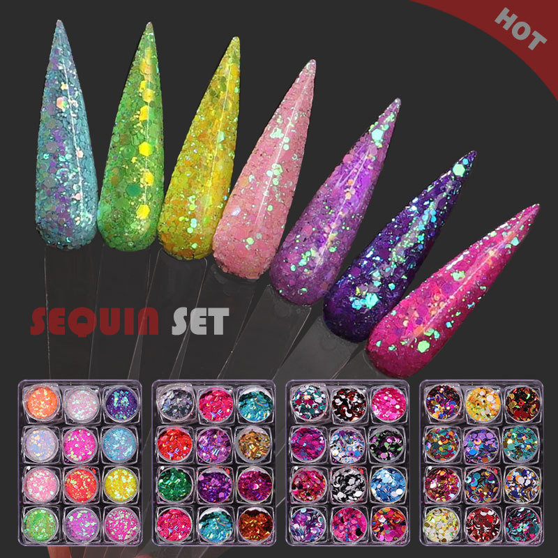 

12 Colors Nail Glitter Set Laser Sequins Manicure Chrome Nail Powder Flakes Glitter Pigment Powder for Art Decoration