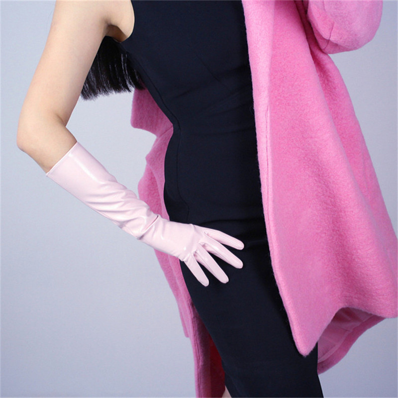 

40cm Patent Leather Long Section Gloves Emulation Leather PU Warm Bright Mirror Bright Pink Light Pink Female PU45-40
