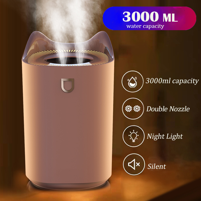 

2020 New Home Air Humidifier 3000ML Double Nozzle Cool Mist Aroma Diffuser with Colorful LED light Ultrasonic USB Humidification