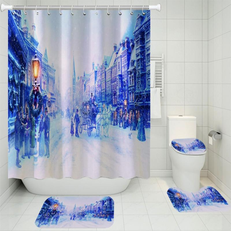

3/4 Pieces Snow Scene Shower Curtains Set Merry Christmas Bathroom Non-slip Set Festival Carpet 3D Print Holiday Toilet Mat