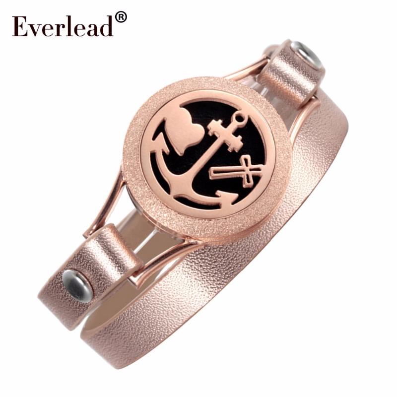 

EVERLEAD new design Wrap Bracelets for Women Rose Gold color Anchor heart leather bracelet perfume 25mm diffuser locket bangle