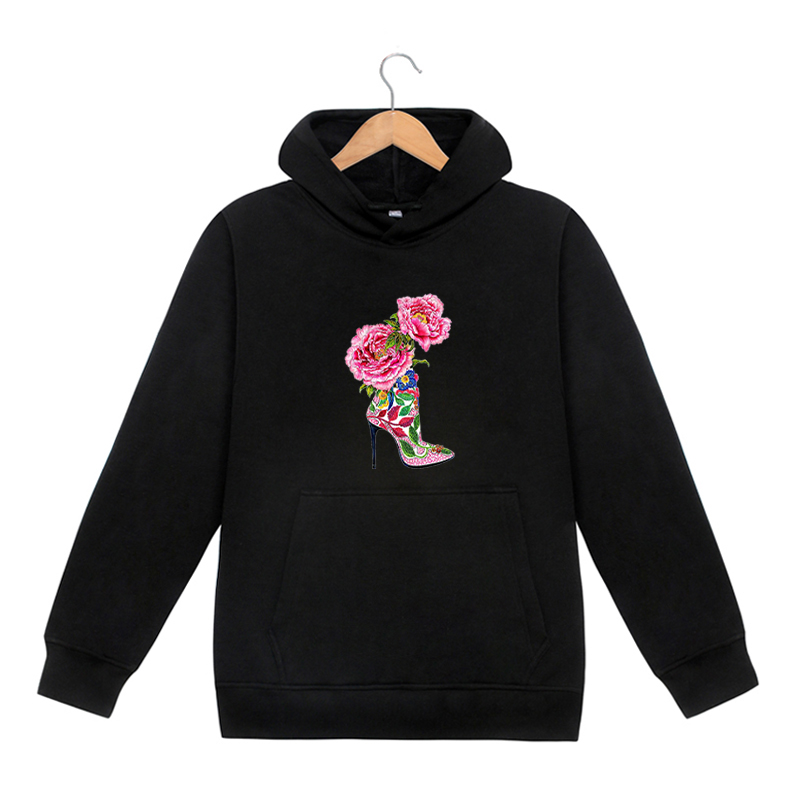 

Men Hoodies Autumn DIY Fashion Flowers High-heeled Shoes Pattern Print Mens Womens Trendy Casual High Quality Sweatshirts, Black