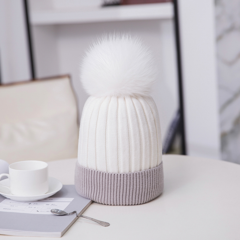 

new simple Beanies Hat for Women Winter Knitted Hat Warm Cap Gorros girls Cap with natural fur pom pom hats autumn, White1