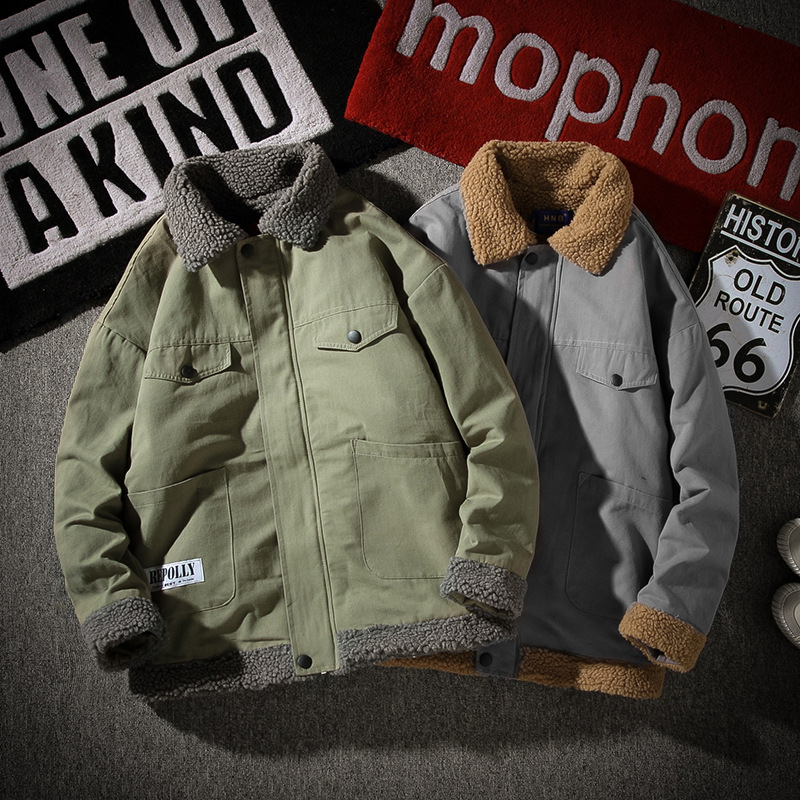 

Cotton-padded Clothes Tops Outdoor Camping Climbing New Large Size Tooling Lamb Wool Thickened Multi-pocket Men's Lapel Coat, Army green