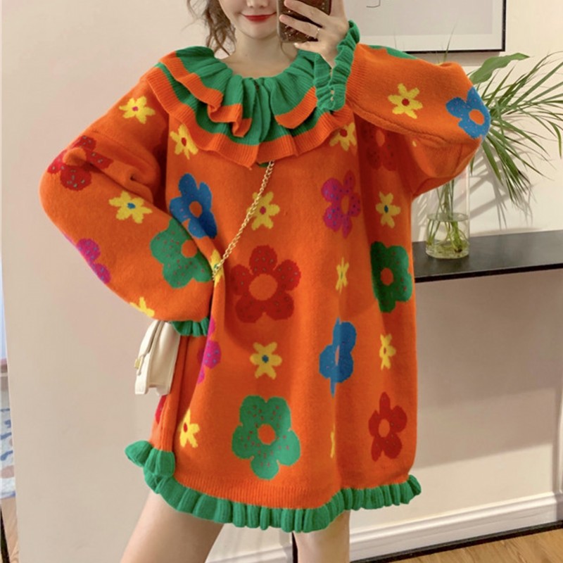 

Autumn Winter Doll Collar Thicked Flower Print Knit Sweater Ins Conteast Color Patchwork Long Sleeve Pull Femme New 2020, Pink