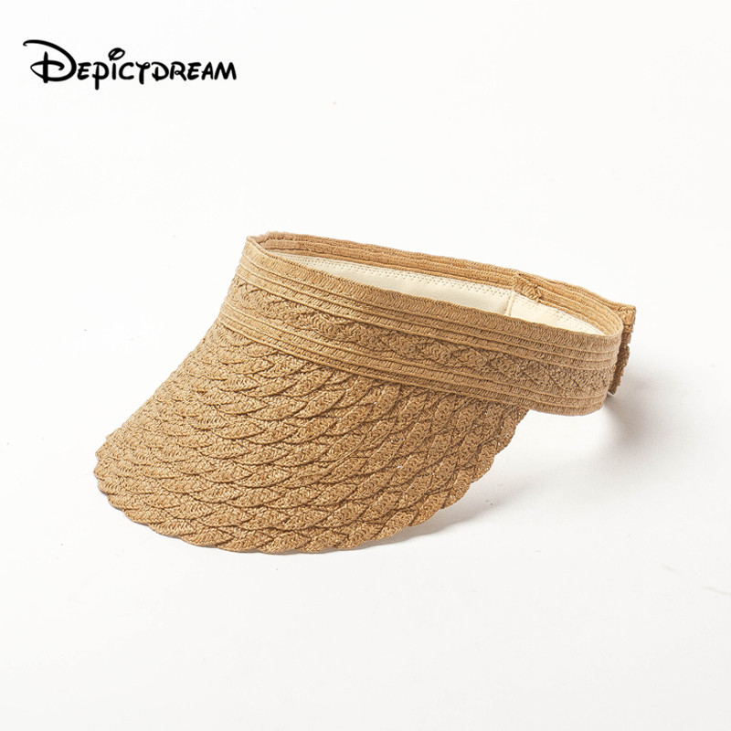 

2020 Summer Women's Empty top Lady's Sun Hat Decorative pattern woven Outdoor Fashion Beach Hat Sun UV Protection Cap, Khaki