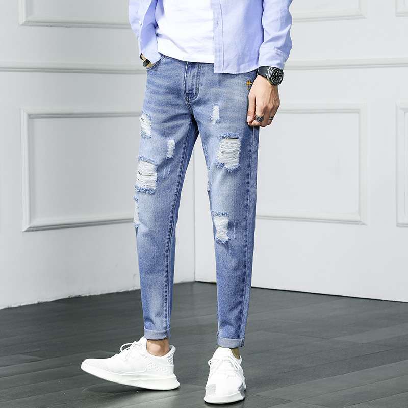 

Men casual jeans Spring and Autumn New Fashion Washed Distressed hole Slim Jeans Male Ankle-length pants men Pencil Pants, 01