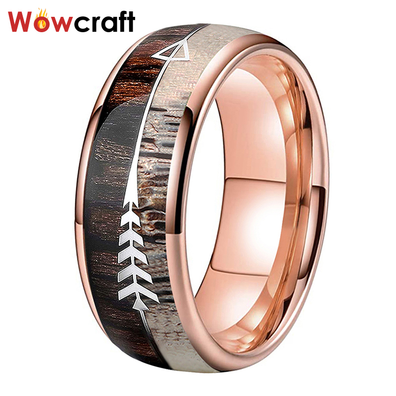

8mm Tungsten Carbide Rings Rose Gold Mens Womens Deer Antler& Wood Arrow Inlay Wedding Bands Nice Design Comfort Fit Jewelry