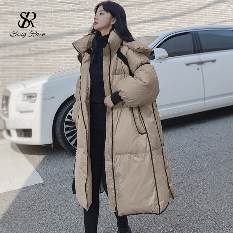 

SINGRAIN Winter Thicken Warm Long Down Jacket Women Fashion Casual Loose Overcoat Korean Oversized Streetwear White Duck Outwear, Silver