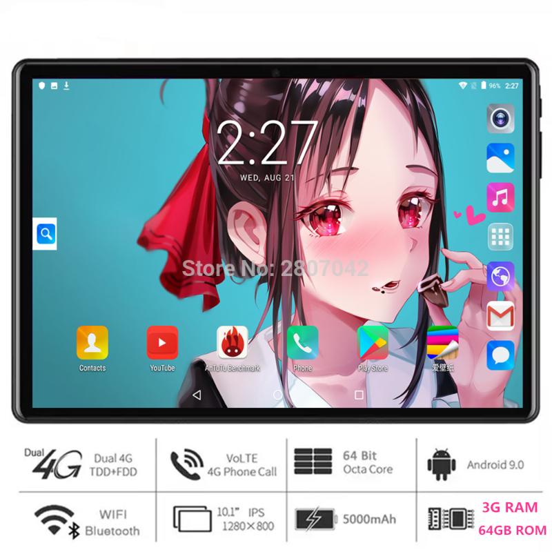 

2020 Google Android 9.0 Pie 10 inch Octa core tablet 4G/5G Phone Call 3G+64GB 1280*800 IPS WIFI Tablets 10 10.1 Youtube GPS Pad, Black