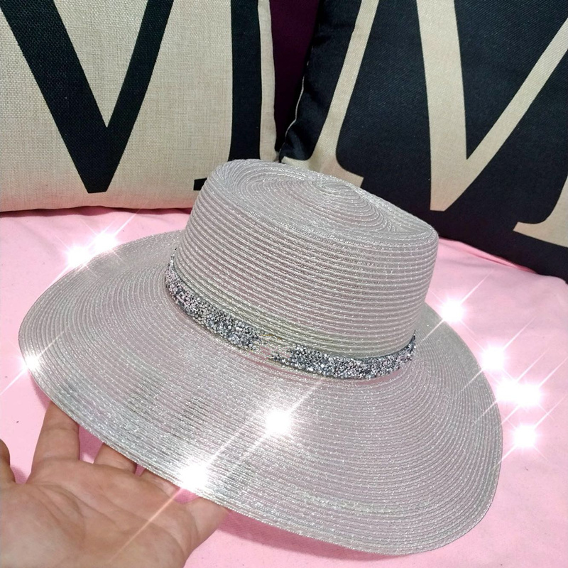 

Flat Top Women Lady Chapeu Feminino Beach hat Shining Sequins Wide Brim Fashion Sun Protection Beach Hat Female, Black