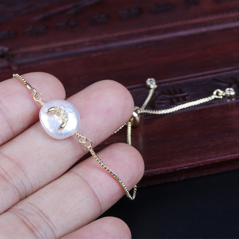 

tiny gold multi cz crystal paved new moon crescent charm natural freshwater pearl bead connector link dainty bracelet for women