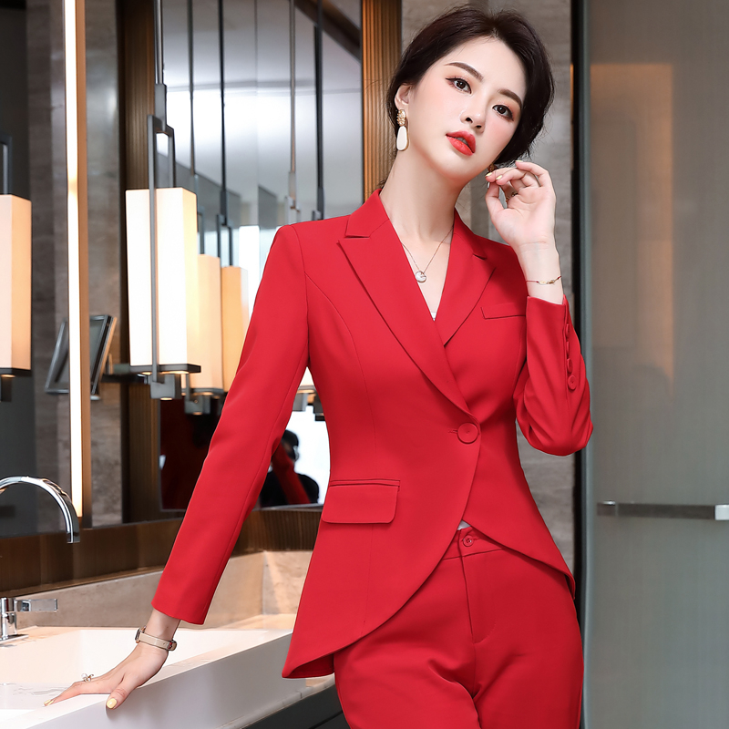 

Long Sleeve Formal Uniform Designs Pantsuits for Office Ladies Professional Styles Autumn Winter Blazers Set Elegant Red, White pants