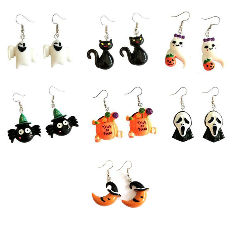 

Halloween DIY Resin Earrings Retro Personality Cartoon Pumpkin Mask Skull Ghost Cat Halloween Earrings Accessories