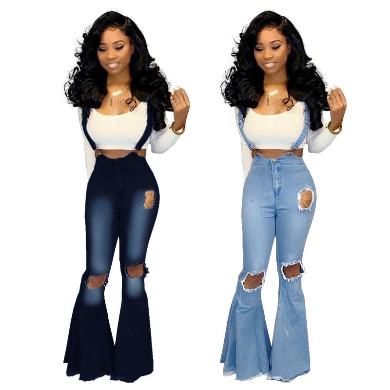 

Women high waist casual denim overalls fashion washed distressed knee hole jeans office lady wide-leg flared pants denim pants, 01