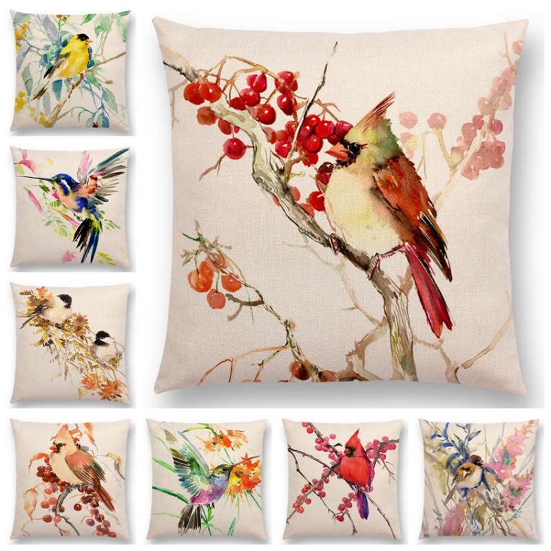 

Hot Sale Watercolor Cute Birds Robin Tit Finch Hummingbird Goldfinch Chickadee Cardinal Kingfisher Cushion Cover Pillow Case, A024802