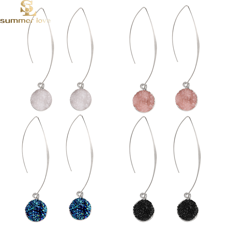 

Dangle & Chandelier High Quality Stainless Steel Long Hook Earings Kawaii Pink Blue Resin Druzy Earrings For Women Accesorios Mujer Fashion