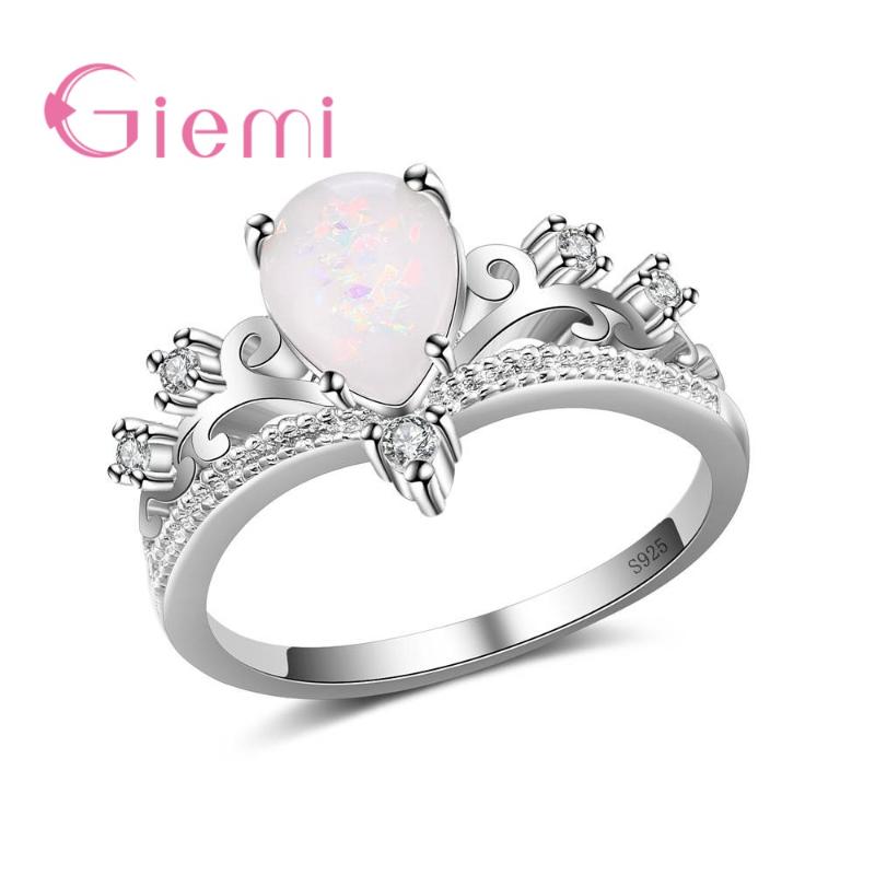 

Luxury Crown Princess 925 Sterling Silver Finger Rings for Women Trendy Whater Drop Fire Opal Bague Female Engagement Anel