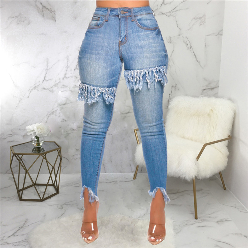 

Long Tassle Jeans Women High Waist Skinny Pencil Blue Denim Pants bleached washed Stretch button sexy Jeans women plus size -3X