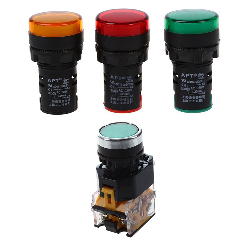

4 Pcs Electronic Accessories: 3 Pcs Red, Yellow-Green Light Lamp 22 Mm LED Pilot Display Panel & 1 LA38-11/203 Push Button M