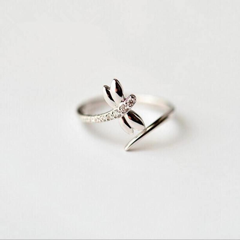 

Personality New Fashion Small Fresh Simple Crystal 925 Sterling Silver Jewelry Not Allergic Dragonfly Opening Rings SR93