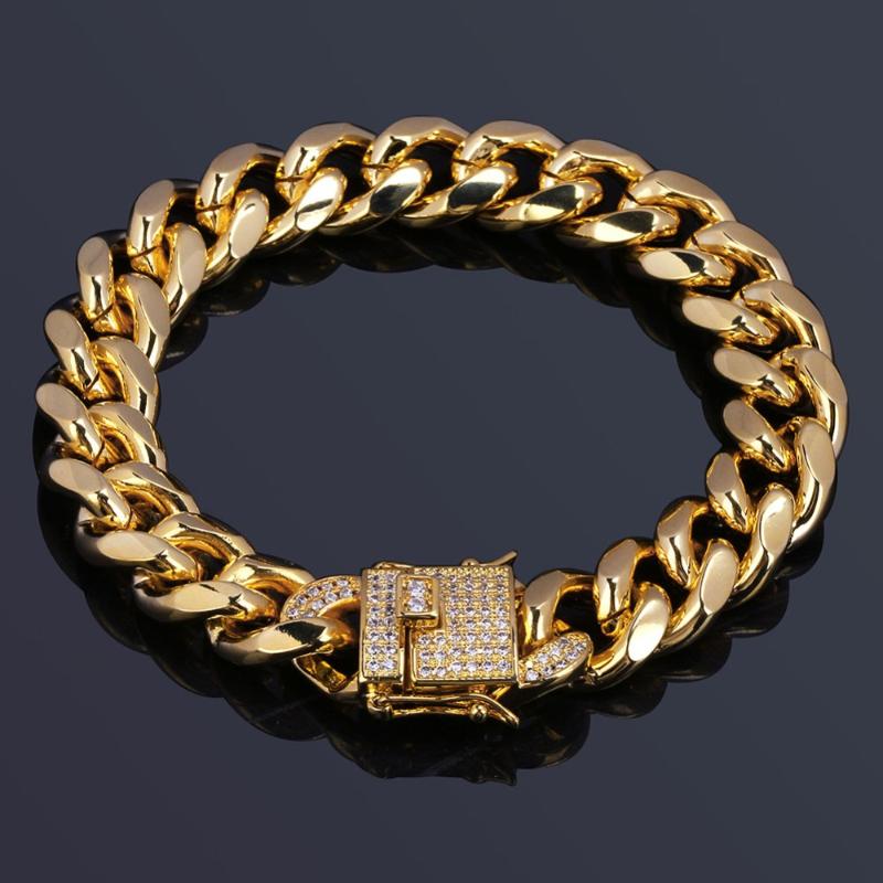 

12mm Gold Color Plated Cuban Chain Bracelet With 1ct Lab Cubic Zirconia Clasp Hip Hop Bracelet For Men 8