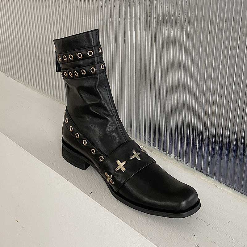 

Botas mujer 2020 new winter shoes women's ankle boots genuine leather metal decoration square head high heels riding boots femme, Beige