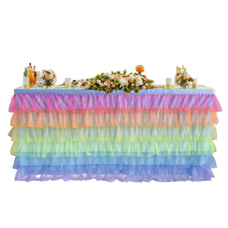 

Rainbow Colorful Table Skirt Birthday Festival Family Party Hotel Dinner Tableware Decoration Baby Shower Home Textile