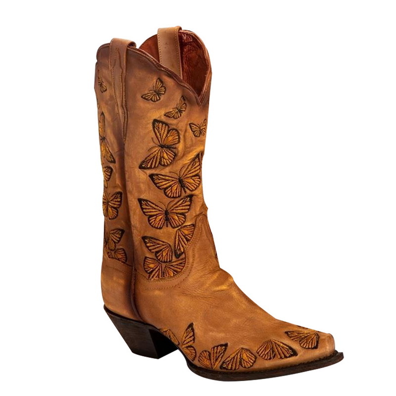 

Women's Rustic Tan Embroidered Butterfly Cowgirl Boot Western Boot Womens Retro Knee High Boots Handmade Leather Cowboy