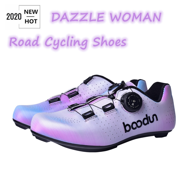

2020 New road cycling shoes woman professional road bike bicycle sneakers dazzle color ultralight breathable self-locking shoes, Woman dazzle