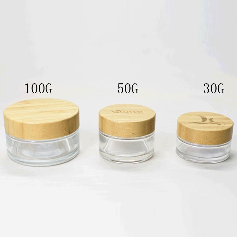 

20pcs 30g 50g 100g clear glass cream jars wood grain bamboo lid jar skin cream cosmetic packaging container Customizable label