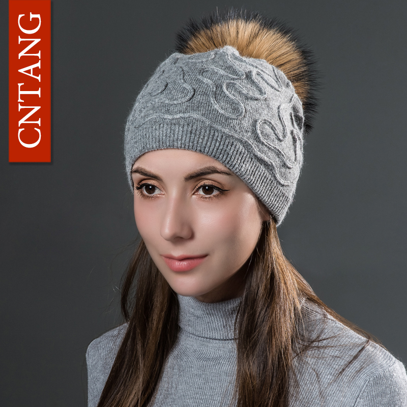 

CNTANG 2020 Fashion Silver Coarse Thread Winter Hat Raccoon Pompom Hats Made Of Natural Fur Beanies Women Knitted Warm Wool Caps, White