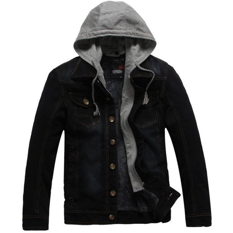 

Denim jacket men's casual slim jeans hooded coat jacket thick denim men's, Black
