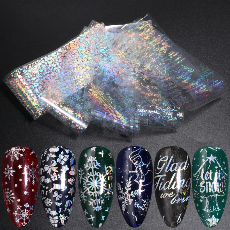 

10PCS Christmas Nail Transfer Foil Stickers Holographic Snowflake Letters Nail Art Full Wraps Decal Maniure Decorations TR0926, Xk9125 pack