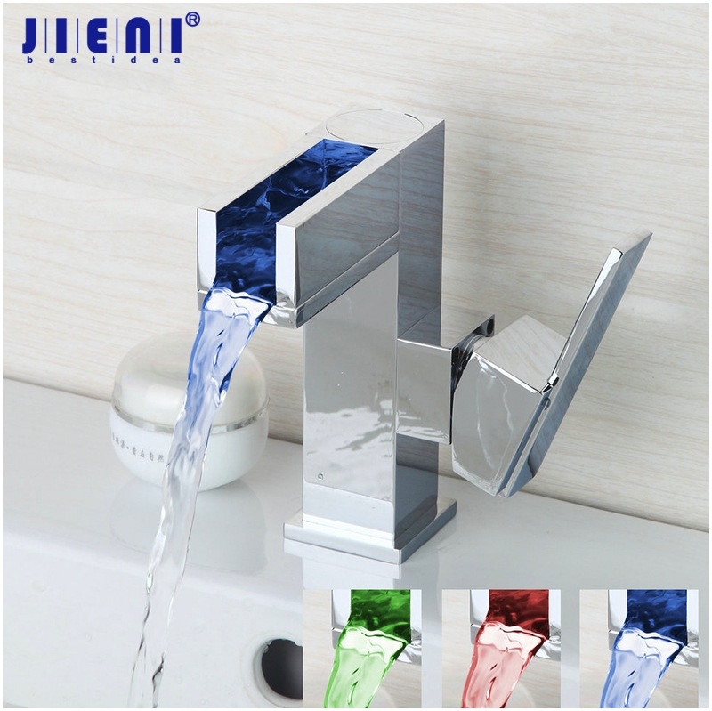 

JIENI Chrome Polished Basin Faucet 3 Colors LED Waterfall Faucet Bathroom Basin Led Water Power Mixer Tap Deck Mounted