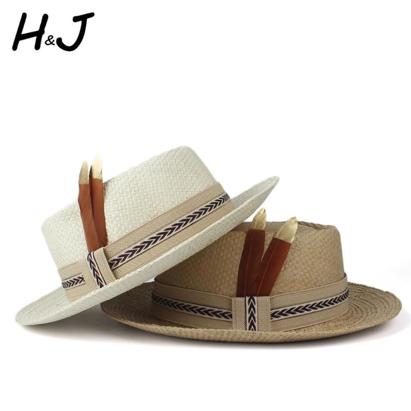 

Women Men Straw Sun Hat Summer Pork Pie Hat Sunbonnet Lady Flat Feather Beach Panama Sunhat Fascinator Size 57-60CM, Light straw
